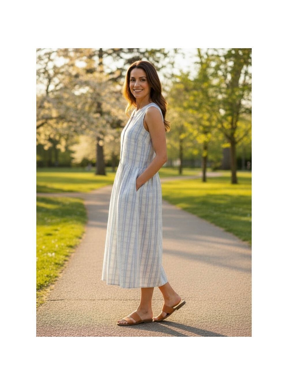Allison Blair Blue Stripe Sleeveless Midi Dress Button Front Pockets Cottagecore - Picture 2 of 10